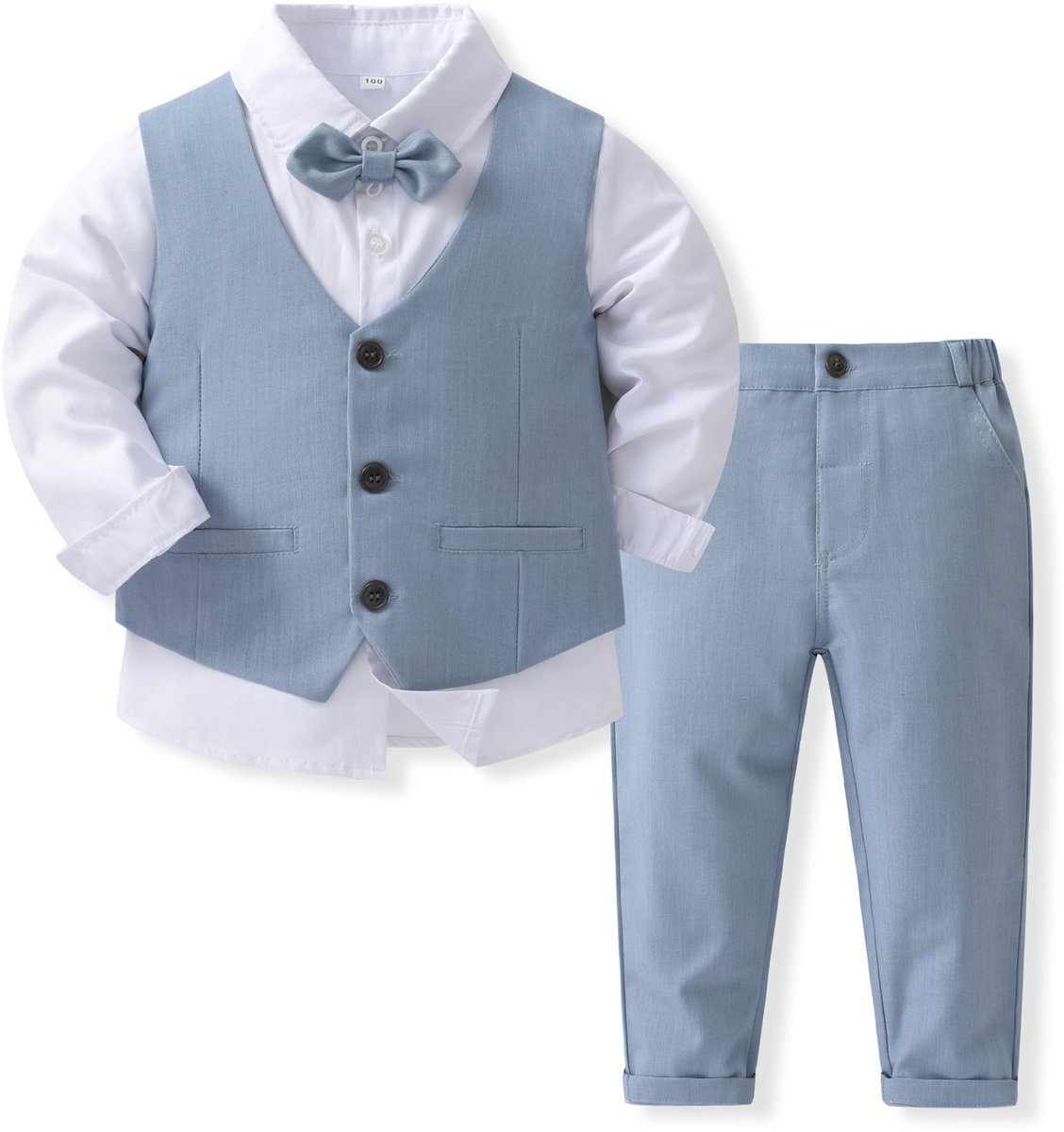 SnelShoppen - Elegante Jongenskleding Set 4-delig met Overhemden, Vlinderdas, Vest en Broek voor Kinderen van 12-18 Maanden, Blauw Wit voor Bruiloft e