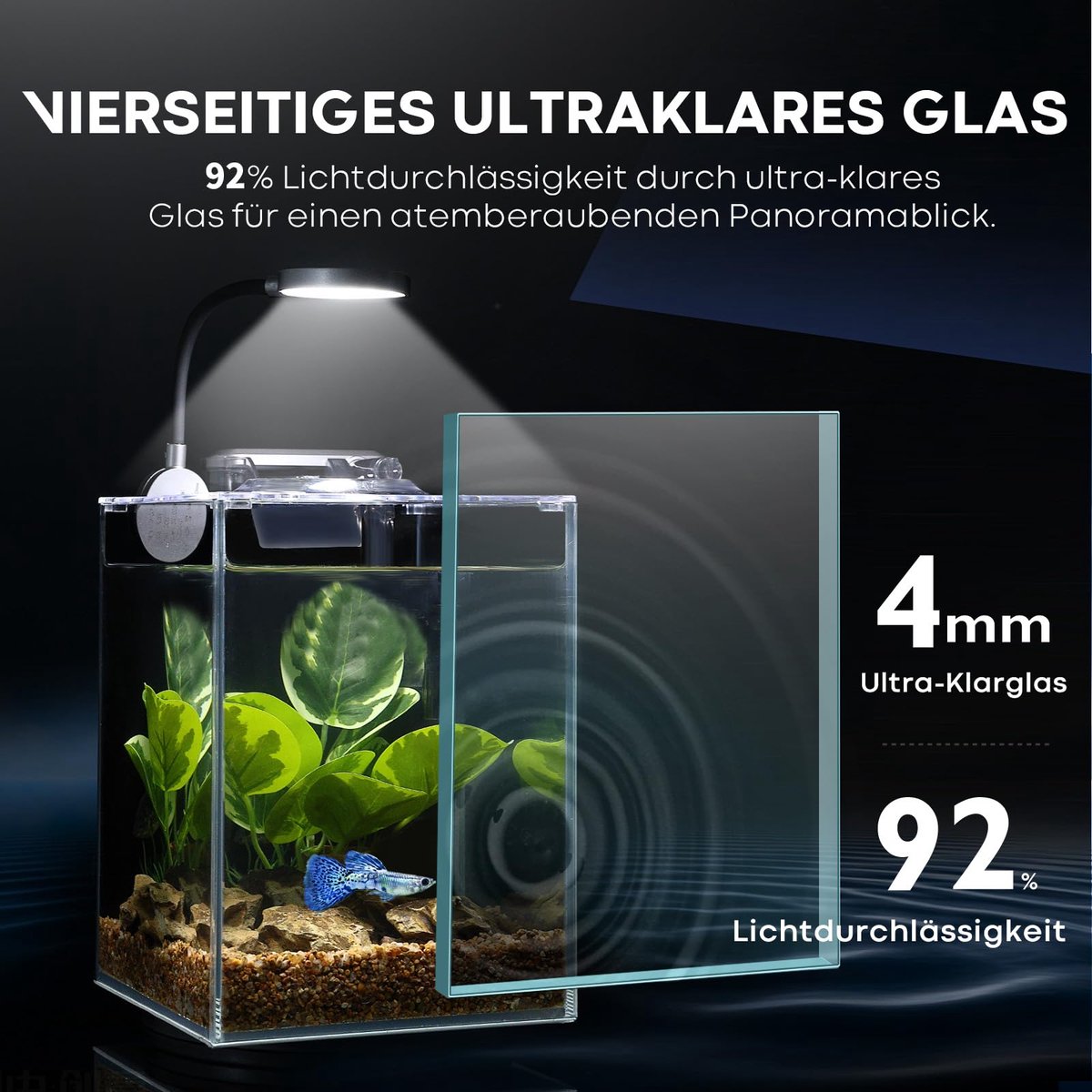 SnelShoppen - Desktop Betta Klein Aquarium Glazen 5 Liter Complete Set met Zelfreinigend Filtersysteem, Helder LED Licht, Grind, Plant en Reinigingsge thumbnail 3