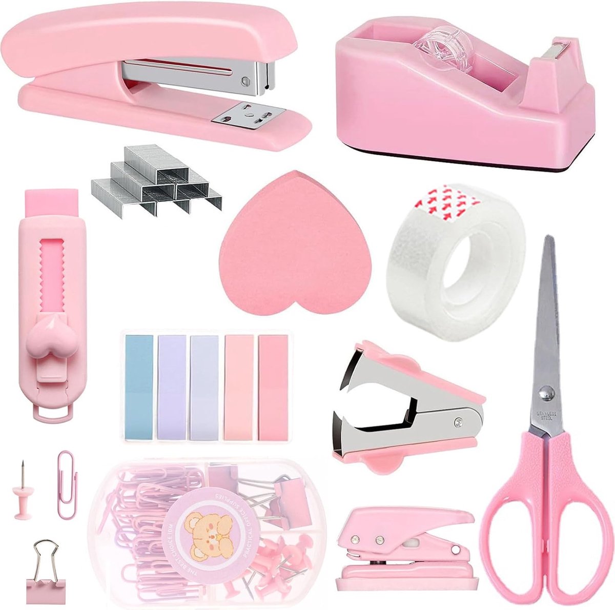 Bureau-accessoireset - multifunctionele set - knippen, nieten en opbergen - voor kantoor en school - 11-delige kantoorbenodigdhedenset - voor medewerkers en vrouwen - roze - 11-delige set