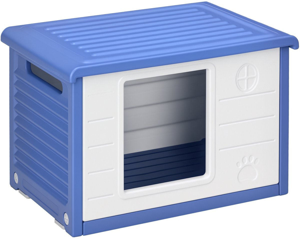 Hondenhok voor buiten – van kunststof – met waterdichte ventilatieopeningen – afmetingen 60 cm lang × 42 cm breed × 40 cm hoog – blauw-wi