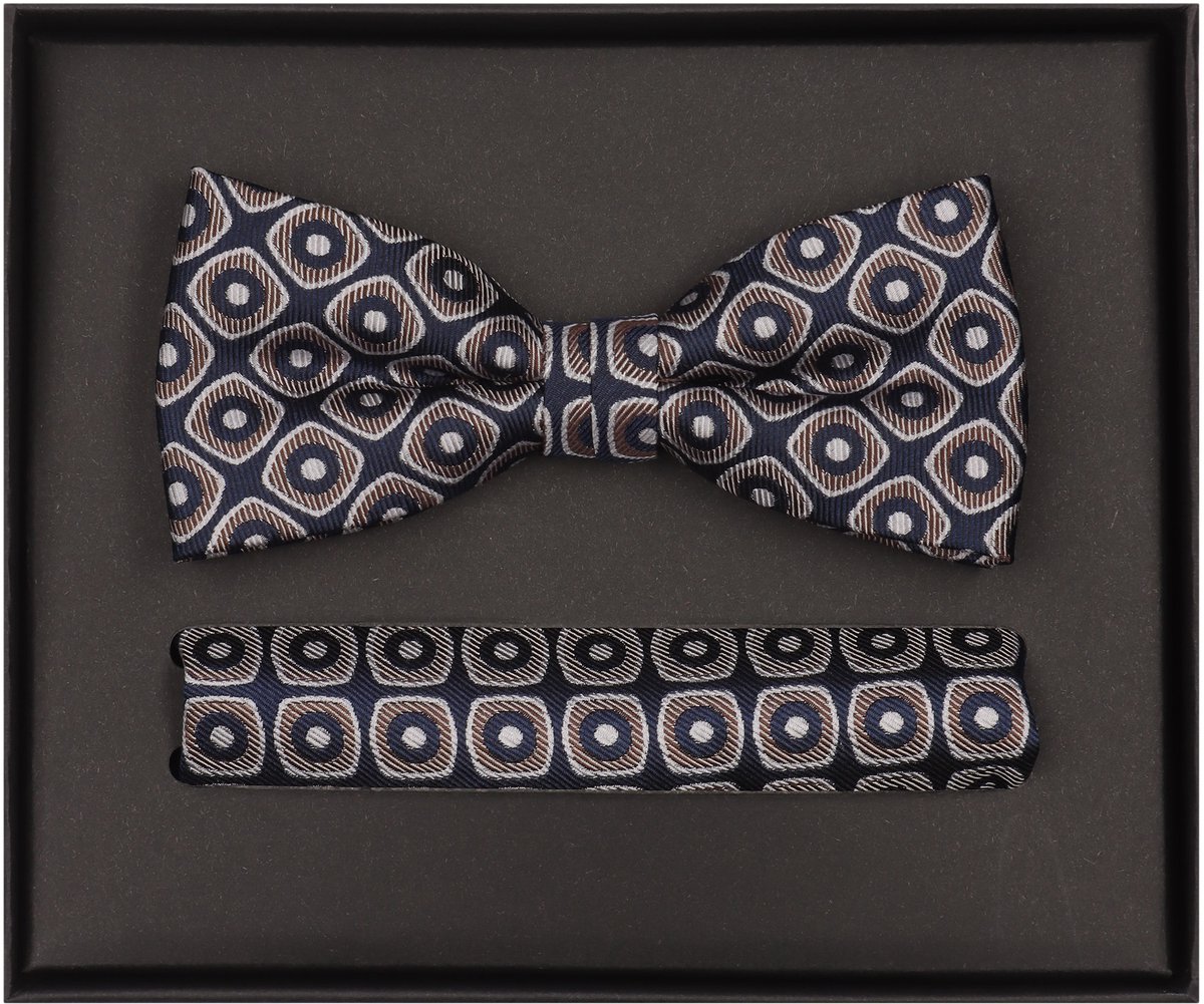 VENTI set met vlinderdas en pochet - donkerblauw - bruin - wit dessin