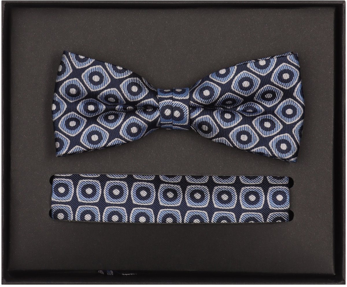 VENTI set met vlinderdas en pochet - donkerblauw - lichtblauw - wit dessin