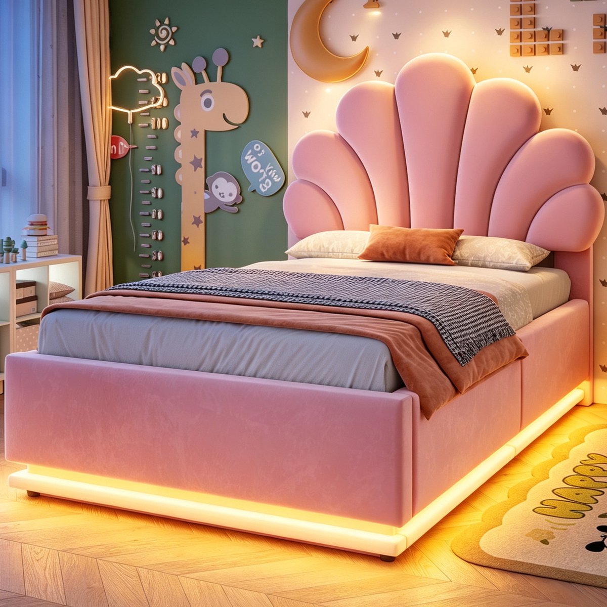 Kinderbed, Gestoffeerd Bed 90*200 cm, Bloemvormig Hoofdeinde, Hydraulische Opbergruimte, Ledverlichting En Metalen Frame, Beige Fluwelen Stof-Rosa