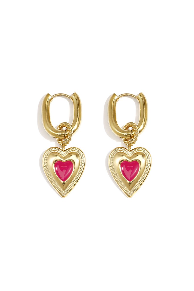 Fleur - Hart Oorbellen - Emaille - Stainless Steel - - Roze