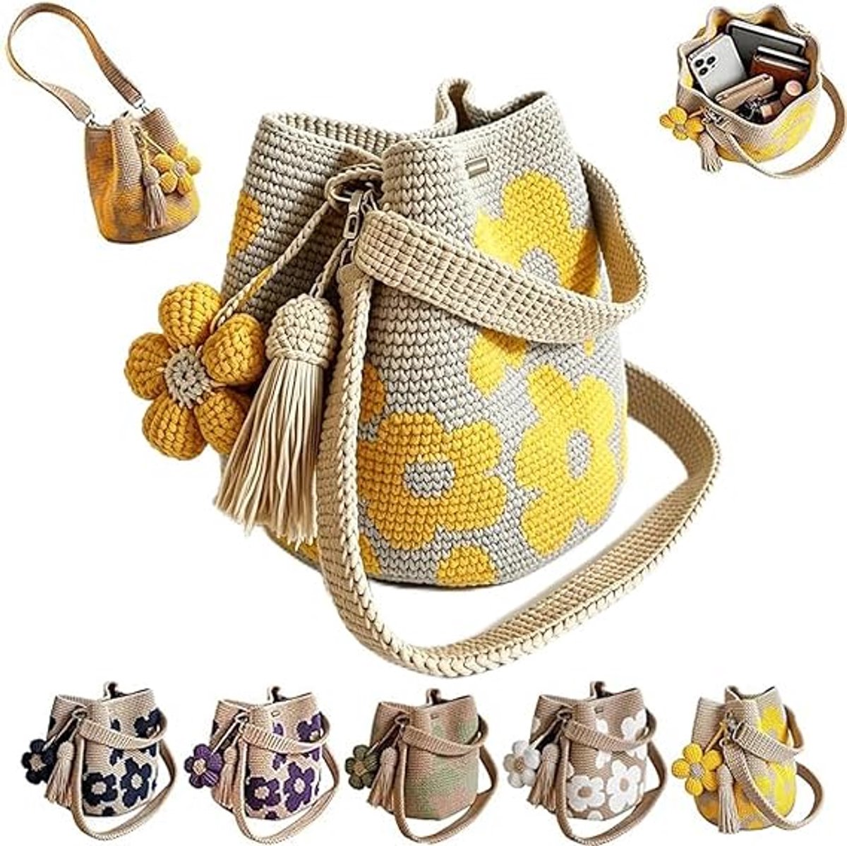 VHV-Gehaakte schoudertas - Licht en ruim bucketbag ontwerp - 22 x 25 cm - Verstelbare crossbodytas met trekkoord - Voor dagelijks gebruik, reizen, strand en boodschappen - Gehaakt garen - 1 stuk - Geel