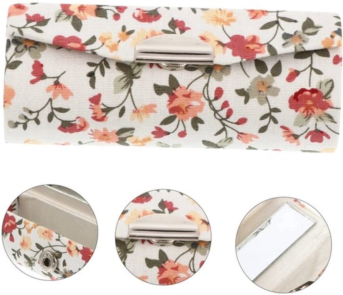 Lippenstiftetui Geborduurd - Retro Bloemenpatroon - Lederen Draagbaar - Met Spiegel - Mini Cosmeticatas - Handheld Organizer