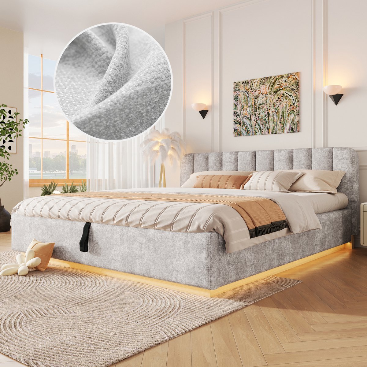 Gestoffeerd Bed 180x200 cm - Met LED-Verlichting - Met Opbergruimte - Met Glijbaan - Grijs