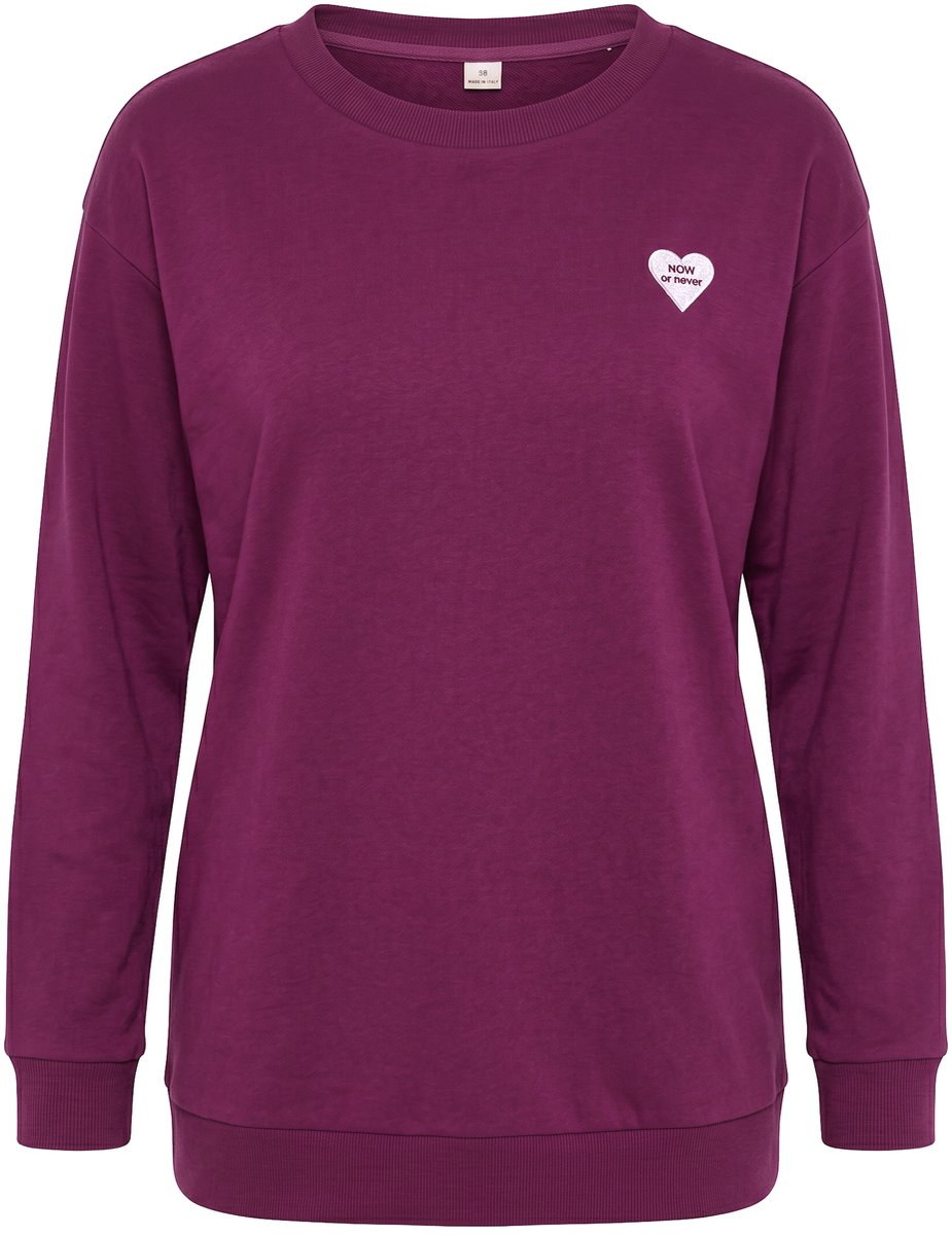 Ulla Popken - Dames - Sweatshirt hartjesborduursel oversized ronde hals - Donker bes - Maat 46+