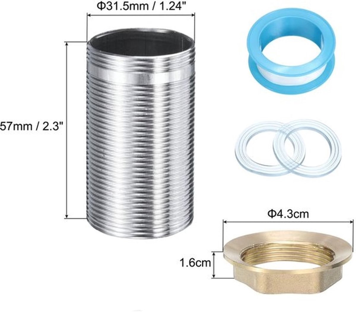 Verlengpijp 57mm - Verlengstuk - Roestvrij Staal - Beugel - Moer - Seal - Eenvoudige installatie - Faucet Extender