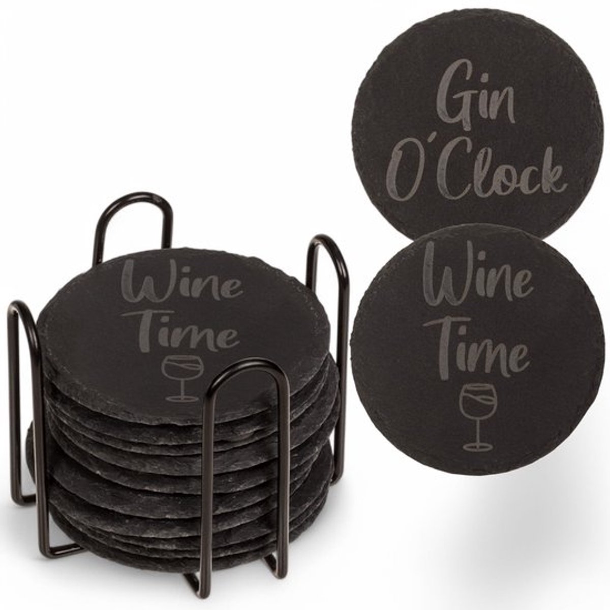 Set van 12 ronde leisteen onderzetters met laserprint, 10 cm diameter, voorzien van niet-slip EVA stoppers voor bescherming van glazen en tafels