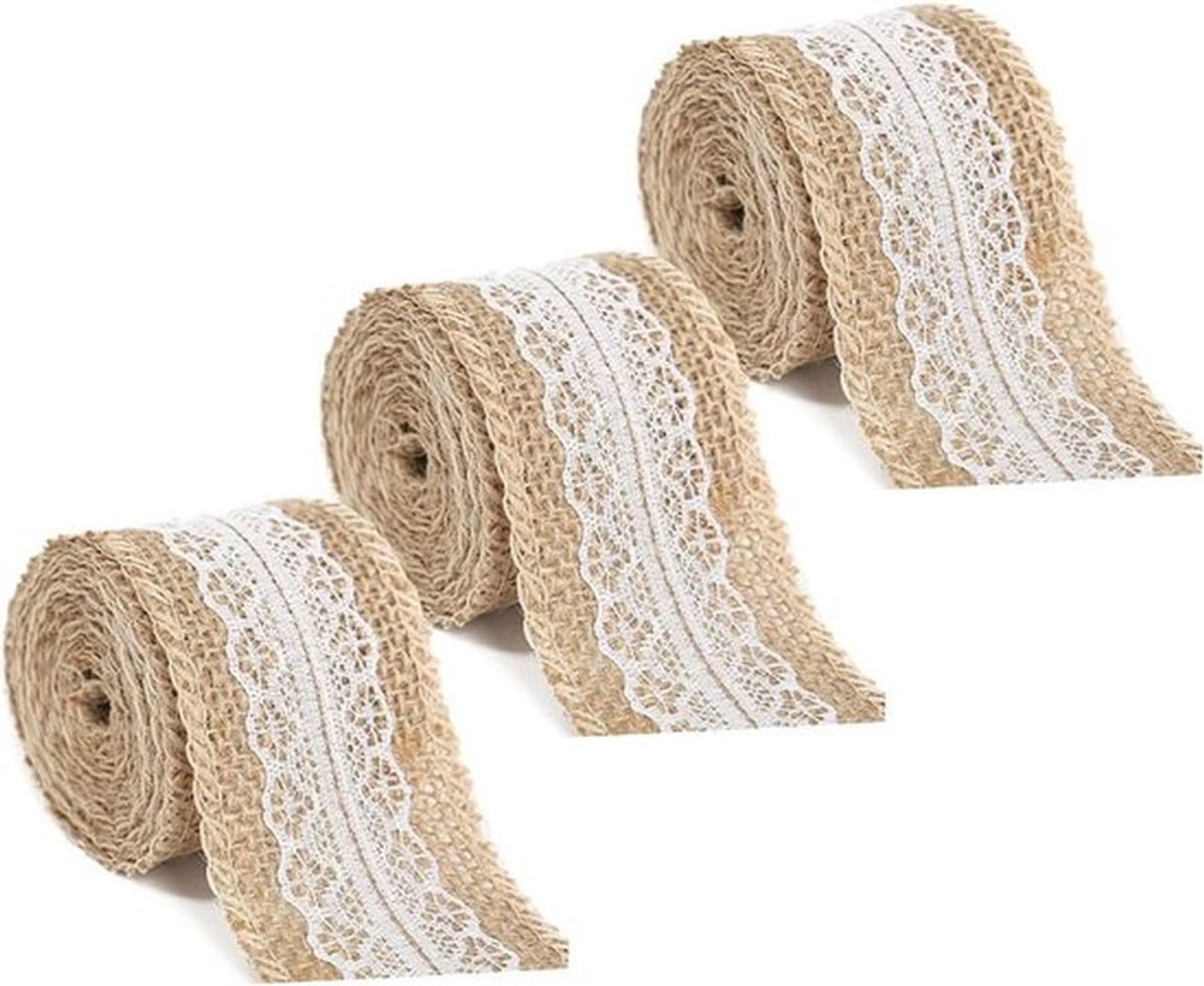 Natuurlijk wit kant - Jute doek - 3 rollen - Jute kant rol - Jute kant voor doe-het-zelf - Bruiloft decoratie - Geschenkverpakkingen - Handwerk - Kant en jute decoratie
