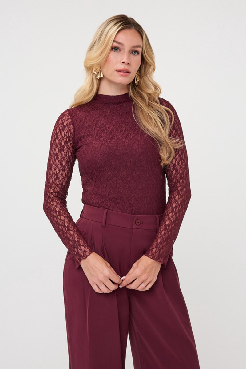 EsQualo T-shirt Top L Slve Lace F26 30504 Merlot Dames Maat - XS