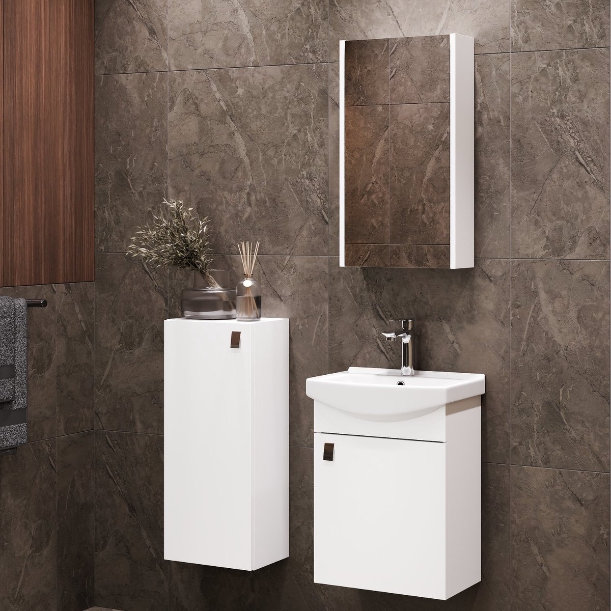 Planetmöbel Badkamermeubel Set 45 cm – Wit – Keramische Wastafel met Spiegelkast en Midikast 32 cm – Soft-Close