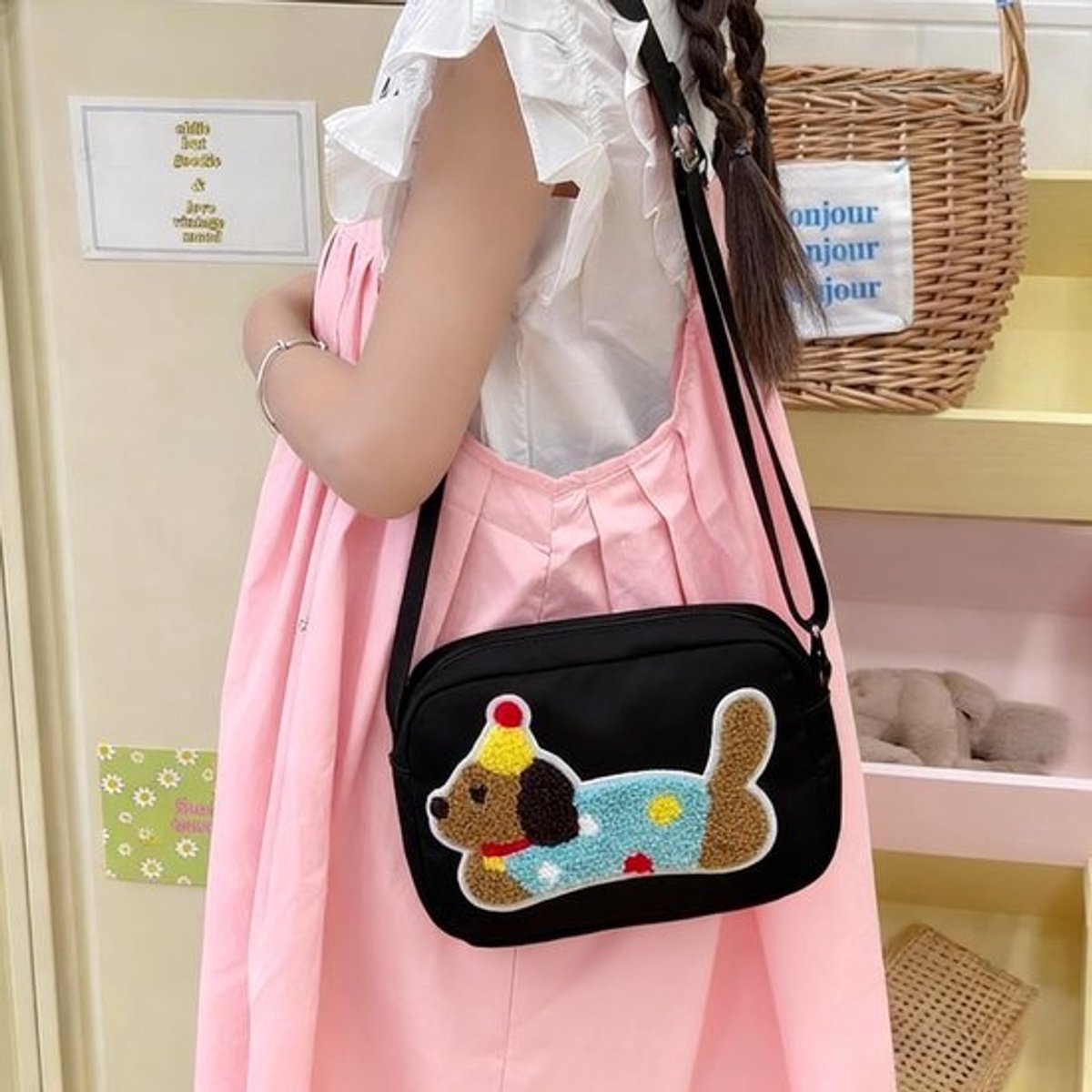 Schoudertas Dames - Zwart - Crossbody Tas - Verstelbare Schouderriem - Ritssluiting - Teckel Patroon - Lichtgewicht en Opvouwbaar - Handtas