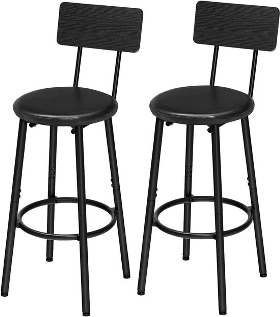 Set van 2 Barkrukken met Rugleuning en Voetsteun, PU Leren Keukenstoelen voor Woonkamer en Bar, Eenvoudige Montage, Zwart