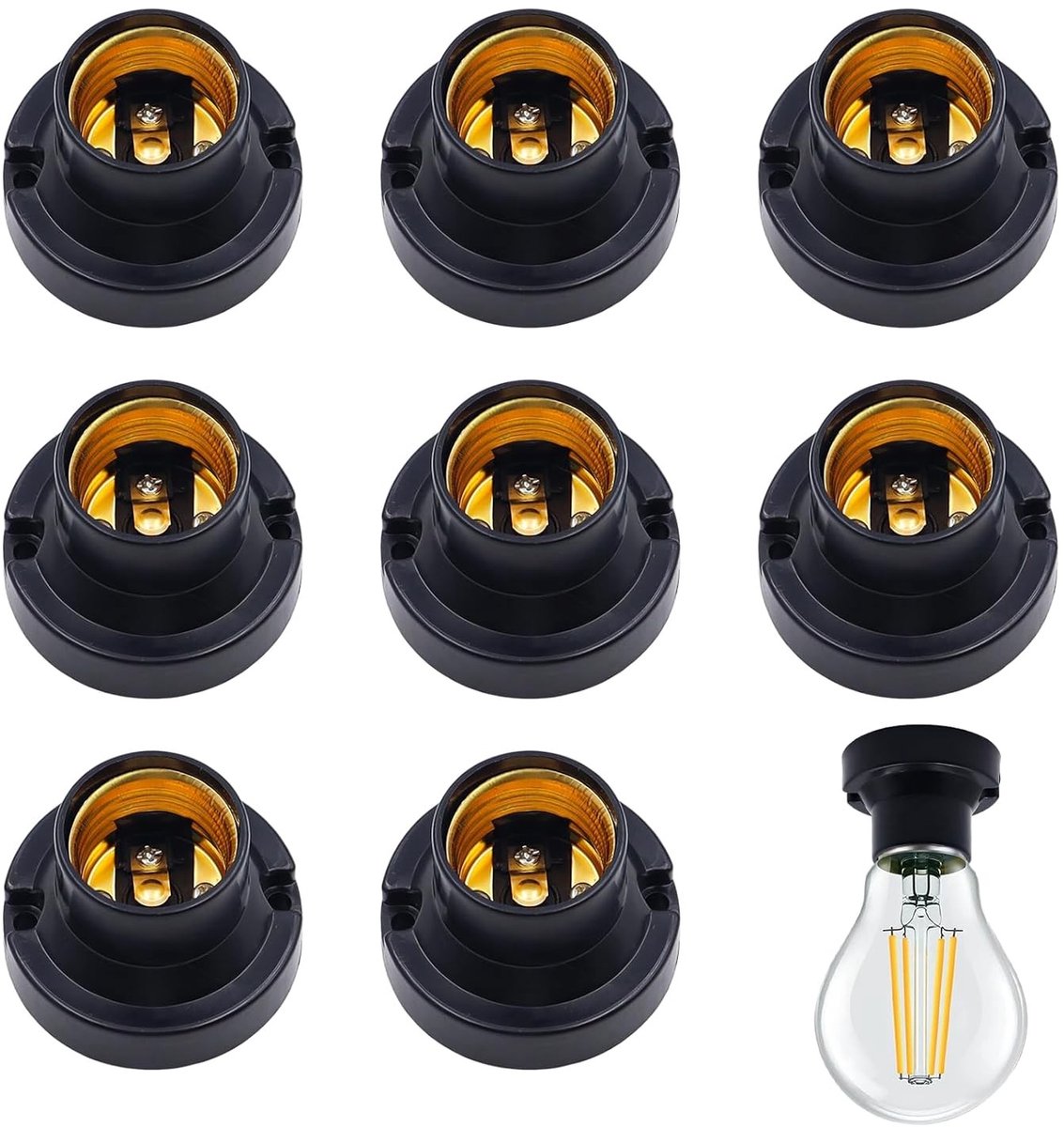 Set van 8 E27 Fittingen voor Plafondlampen, Universele Lampenvoet voor LED en Halogeen, Zwart