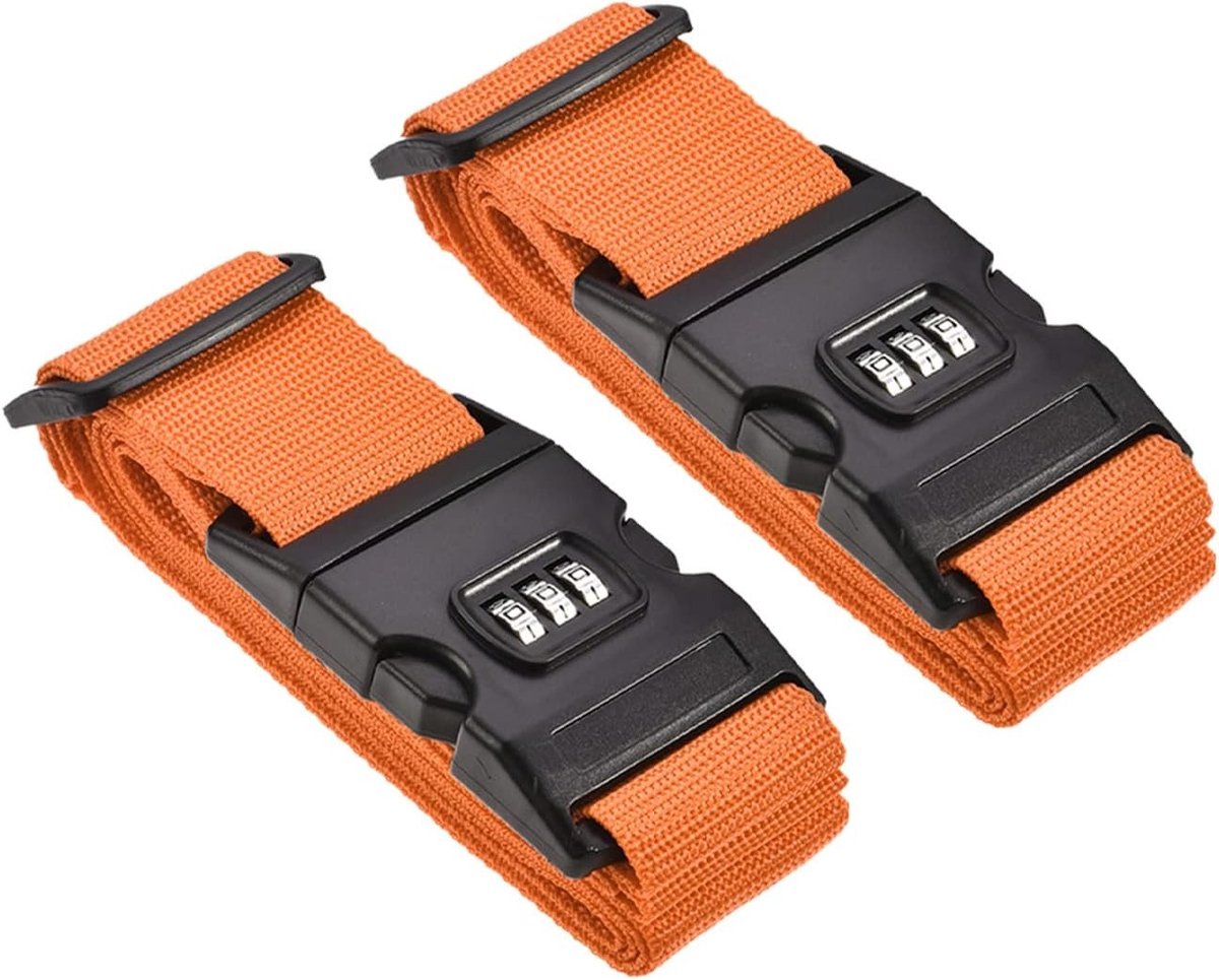 Pack van 2 Verstelbare Kofferstraps met Combinatieslot - Reisaccessoires voor Koffers (199 x 5 cm, Oranje)