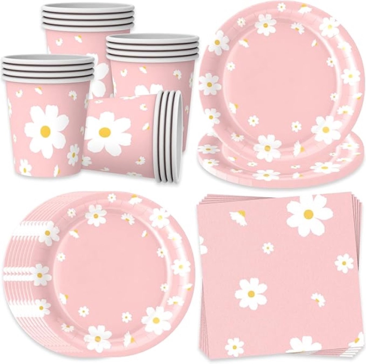 Daisy Party Servies Set voor 16 gasten - 52 delig - Wit met roze bloemen - Wegwerpservies voor kinderverjaardag, babyshower, bruiloft en jubileum