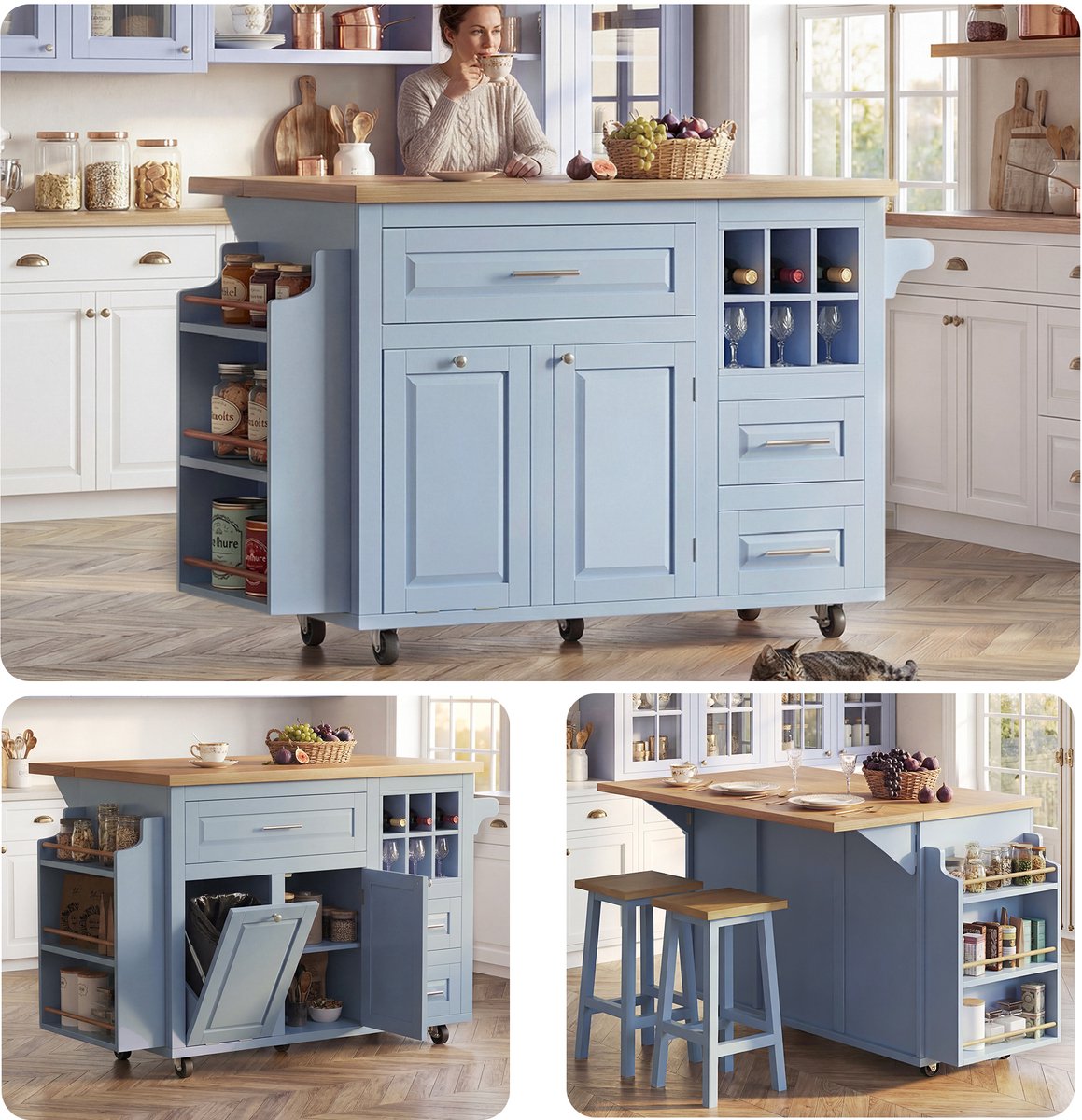 Keukentrolley - met inklapbaar werkblad en opbergruimte en verstelbare legplanken - blauw - afmetingen 143 x 75 x 91 cm - voor een praktische keuken