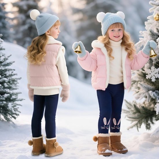 Twee meisjes in de sneeuw, gekleed in winterkleding. Eén meisje draagt een roze jas, blauwe muts en legging met konijnenprint. Het andere meisje draagt een roze gilet, blauwe muts en legging met konijnenprint.