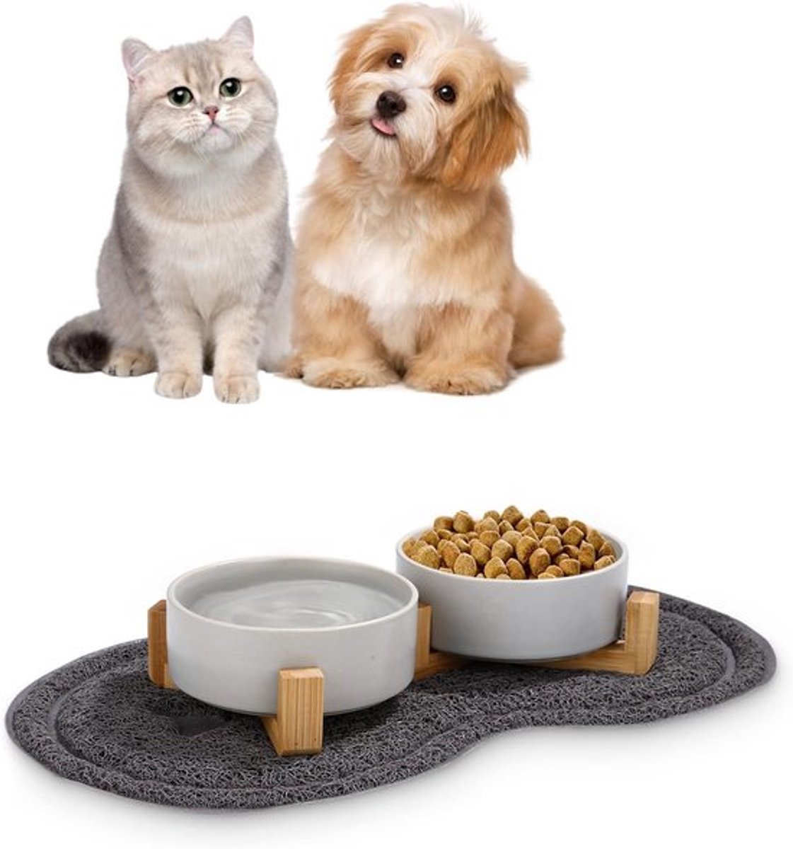 Dubbele Keramische Voerbak voor Honden en Katten - Met Bamboestandaard - Antislip - 2 Stuks - Grijs