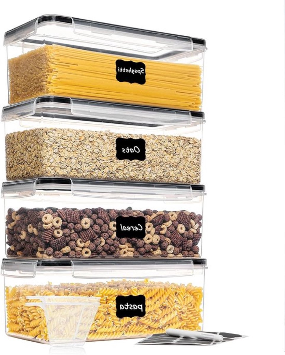 Luchtdichte voedselopslagcontainers met deksels - 4-delige set van 3.2L, ideale plastic spaghetti-opbergers voor pasta-organisatie en BPA-vrij keukenpantrybeheer