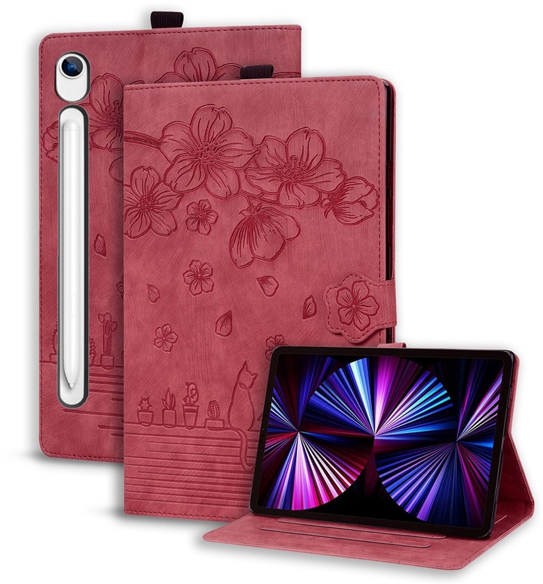 Coverup Tablethoes geschikt voor Samsung Galaxy Tab S10 Lite / S10 FE / S9 FE / S9 / S8 / S7 Hoesje - Flowers & Cat Book Case - Rood