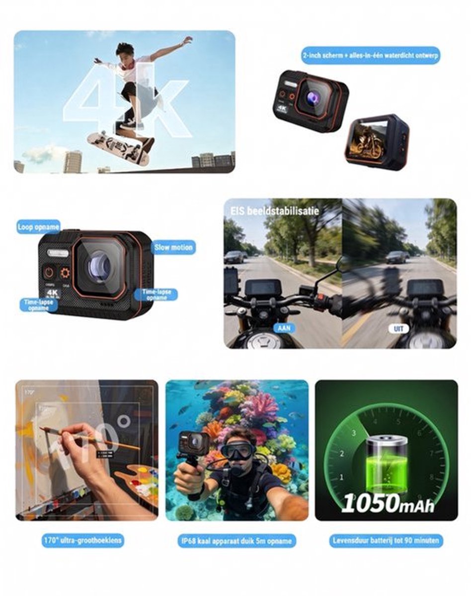 Action Camera - 4K 20MP - 60FPS / 30M Waterdicht / WiFi - Touchscreen - Onderwatercamera - Foto & Video - HD sportcamera - EIS Stabilisatie - Inclusief Accessoires - 64GB SD - Zwart