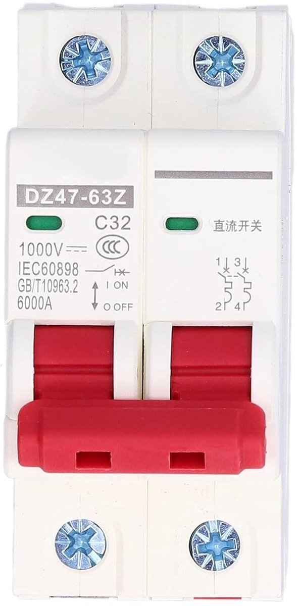Miniatuur Aardlekschakelaar 1000V DC 32A 2P voor Zonne-energie, Huishoudelijke Verlichting en Overload Bescherming