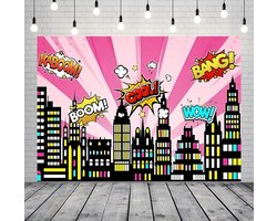 Solidchoice - 7x5ft Roze Cartoon Super City Achtergrond voor Verjaardagsfeesten