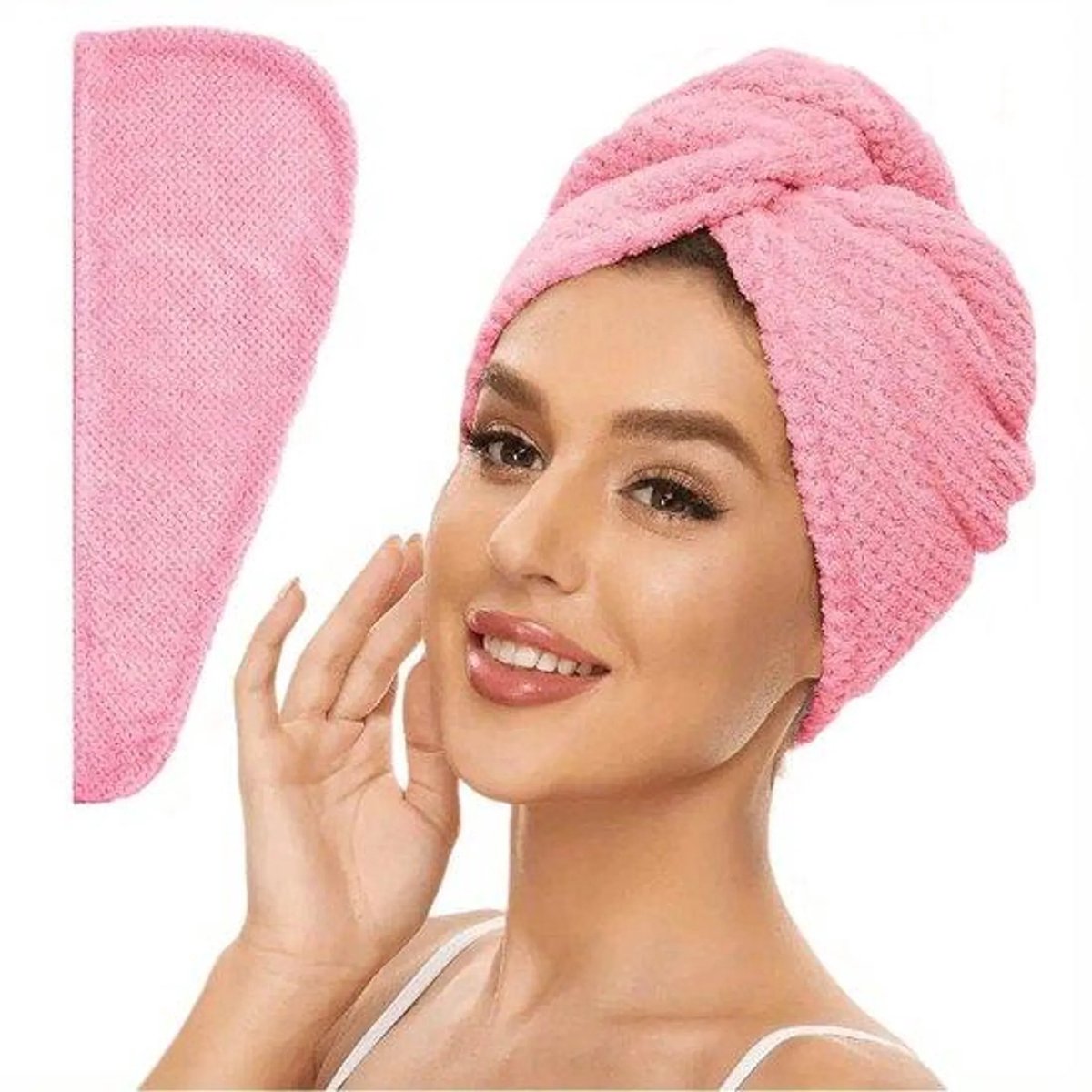 Casalora 2 Stuks Absorberende Haarhanddoek voor Dames – Getextureerde Droge Haarkap, Effen Kleur Roze, Wikkel met Knopsluiting – 65x25.5 cm