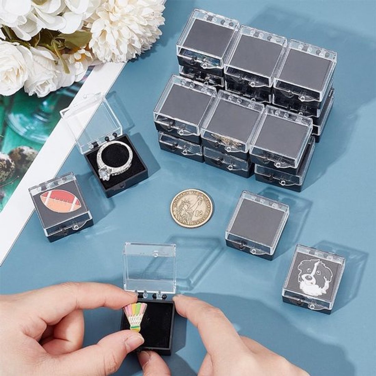 20 Stuks Geschenkdoos voor Pins, Zwarte Vierkante Badge Display Box met Tray, Mini Sieradenopbergdoos voor Badges, Muntstukken en Edelstenen
