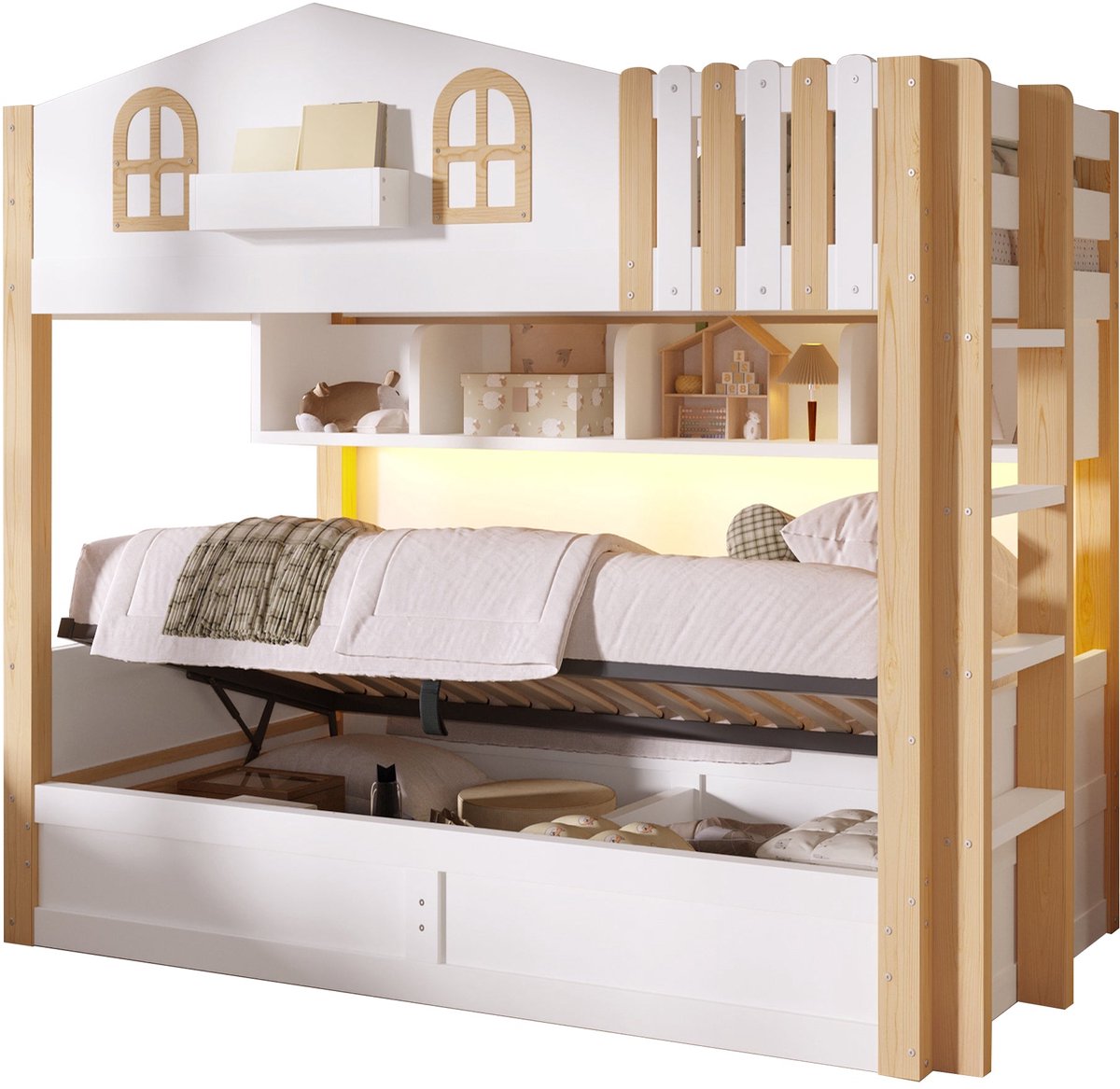 Merax Stapelbed Voor Kinderen 90x200 cm - Bed In Huisvorm - Hydraulisch Bed Met Opbergruimte - LED Verlichting - Opbergvakken - Ladder Links Of Rechts - Wit En Natuurlijke Houtkleur