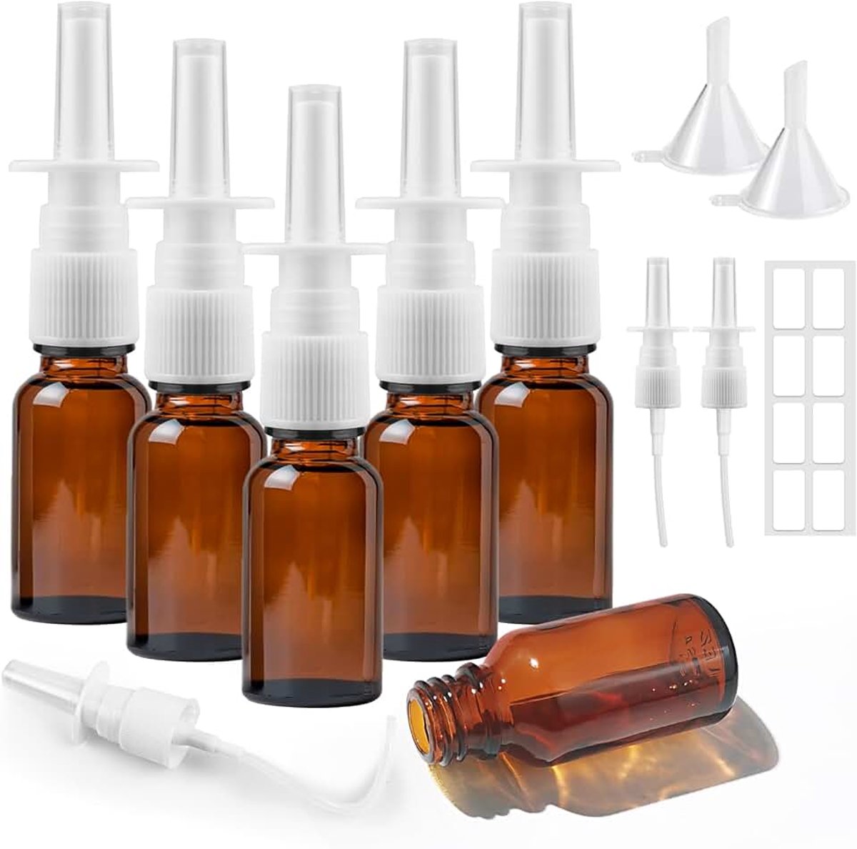 6 Stuks Neusspray Fles 15ml, Bruin Glas Lege Neusnevel, Herbruikbare Neusnevelflessen Kleine Flessen met 8 Blanco Etiketten voor Parfum, Etherische Oliën, Zoutoplossing