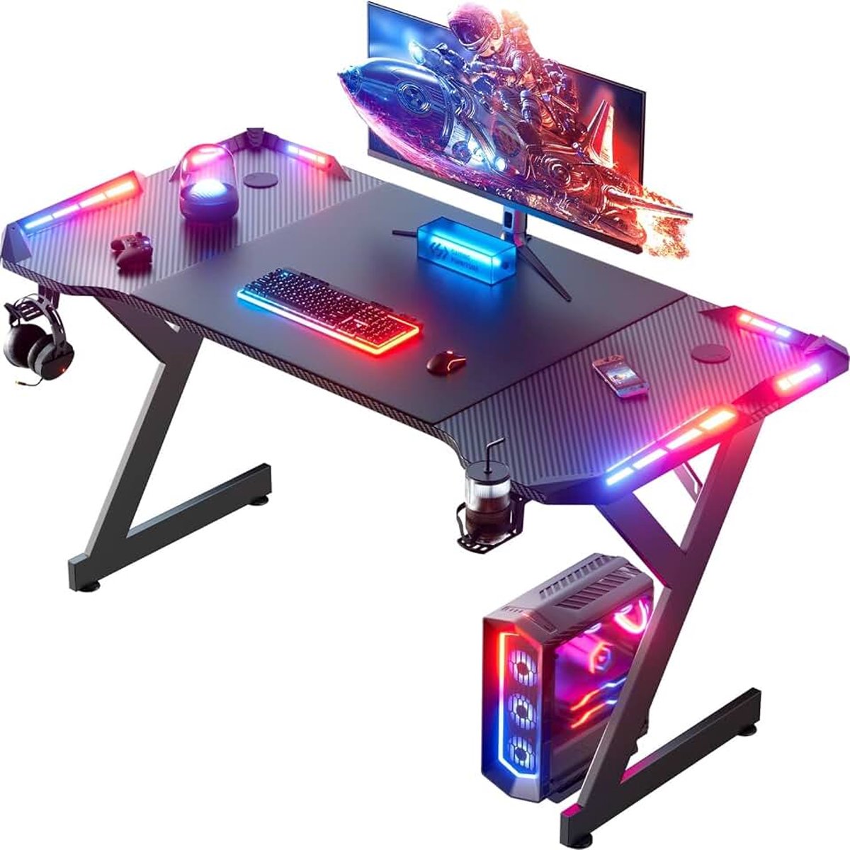 Gaming Bureau met LED, Koolstofvezel, 120 x 60 cm, Zwart | Gamingbureau met Hoofdtelefoonhaak, Bekerhouder, Muismat en Kabeldoorvoertules voor Gaming, Thuiskantoor