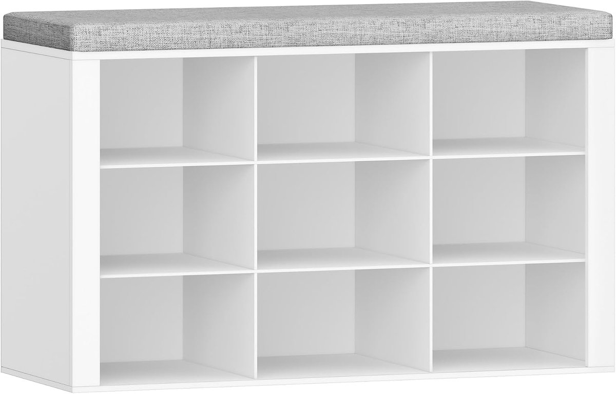 Hzuaneri Schoenbank met zitting, schoenenkast met zitbank met 9 vakken, ingang, verstelbare planken voor woonkamer, slaapkamer, hal, wit-grijs