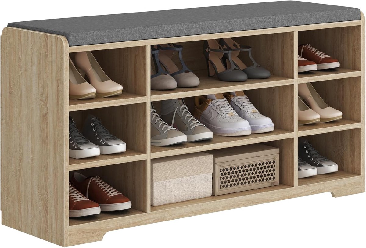 Hzuaneri Schoenenbank, Schoenenrek Met Zitting, Zitbank Met Opbergruimte, Kussen, 9 Vakken, 30 X 103 X 52,7 Cm, Verstelbare Planken, Voor Woonkamer, Hal, Slaapkamer, Wit Eiken Schoenenrek, zitbank met opbergruimte, kussen, verstelbare planken