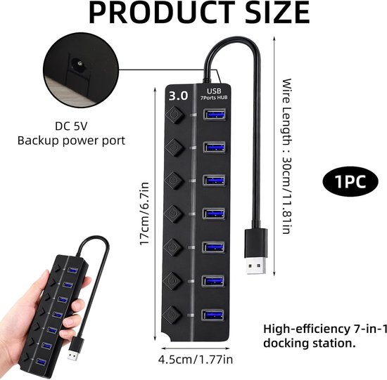 USB 3.0 Hub met 7 Poorten en 5 Gbps Snelheid van Merkloos — afbeelding 4