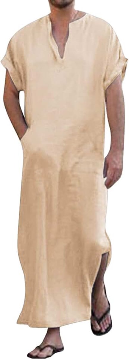 Herenkaftan met V-hals en zijsplit, korte mouwen, katoenen badjas met zakken