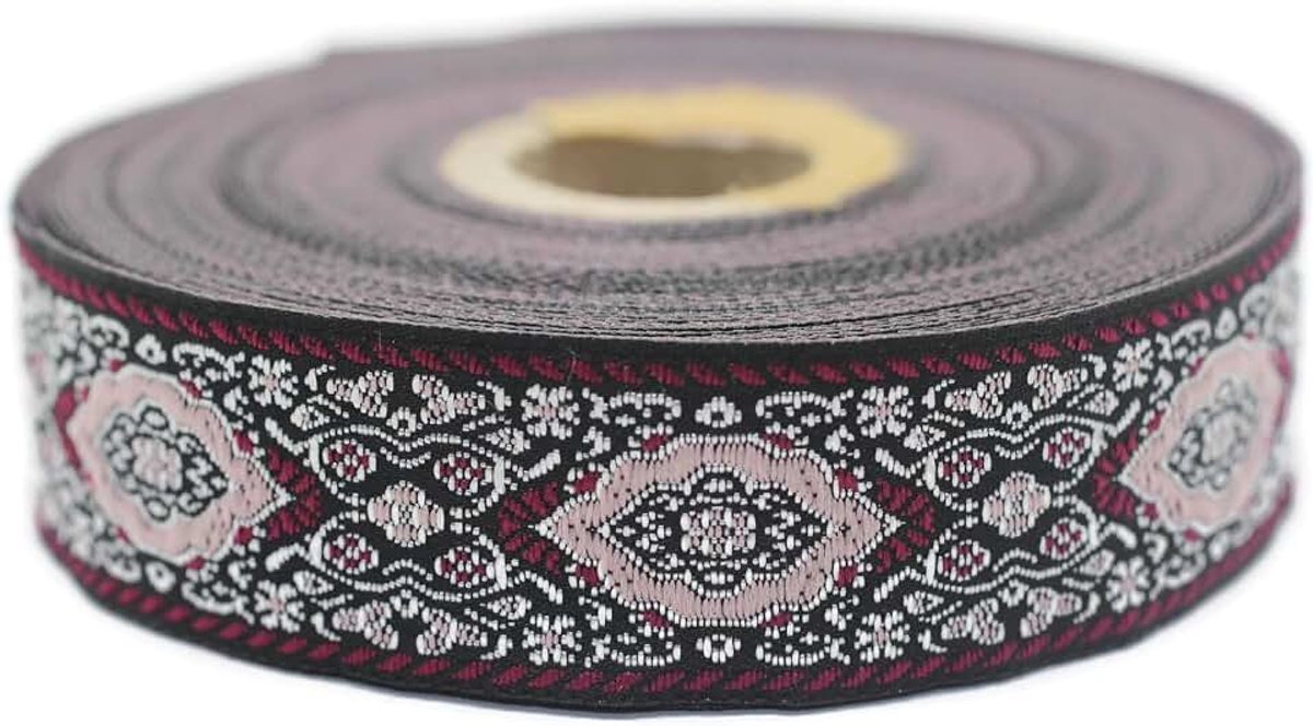 Jacquard-lint, geweven, lichtroze en bordeaux, keizerlijke rand, 10 m x 25 mm, rollen borduurlint voor naaien, decoratie 25589-V6