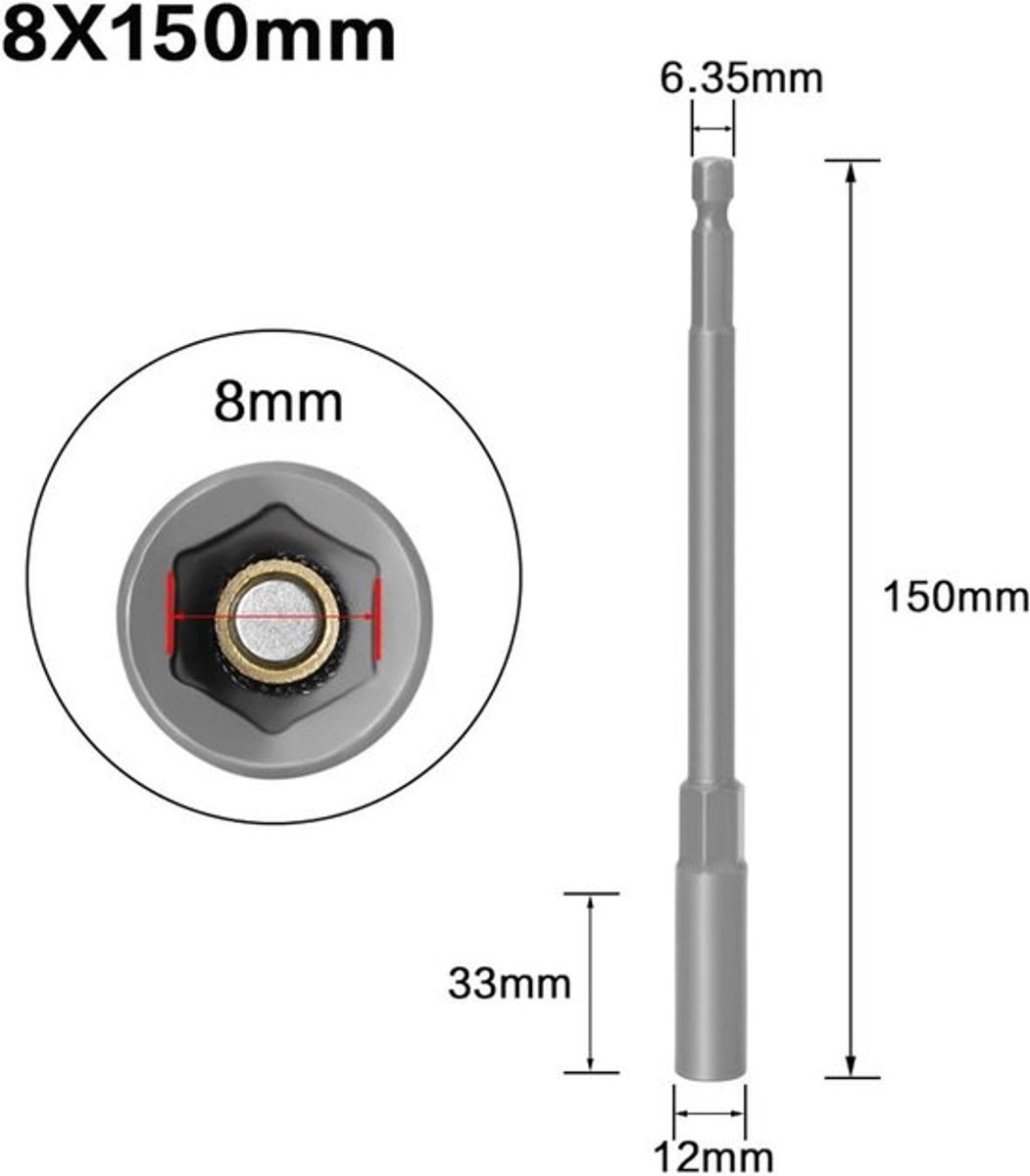 plus - 8mm Socket magnetische moer-setter driver 150mm - 1/4 inch Hex Schacht Kit voor handboor en elektrische schroevendraaier