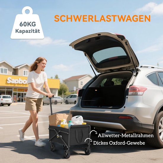 Bolderkar Opvouwbaar - Handkar Transportkar - Spullen Vervoeren - Verstelbare Handgreep - 60 kg Draagvermogen - Zwart van Bolderkar Opvouwbaar — afbeelding 2