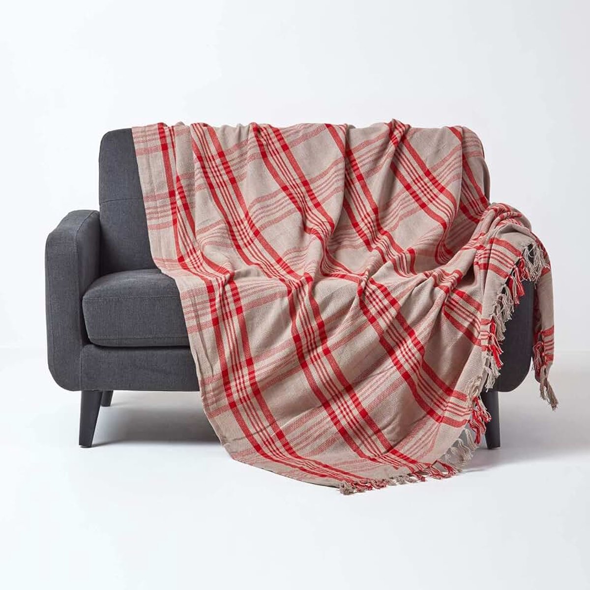 Handgeweven sprei/plaid/deken in grijsrode schotse ruit met franjes - 150 x 200 cm - 100% puur katoen, plaid