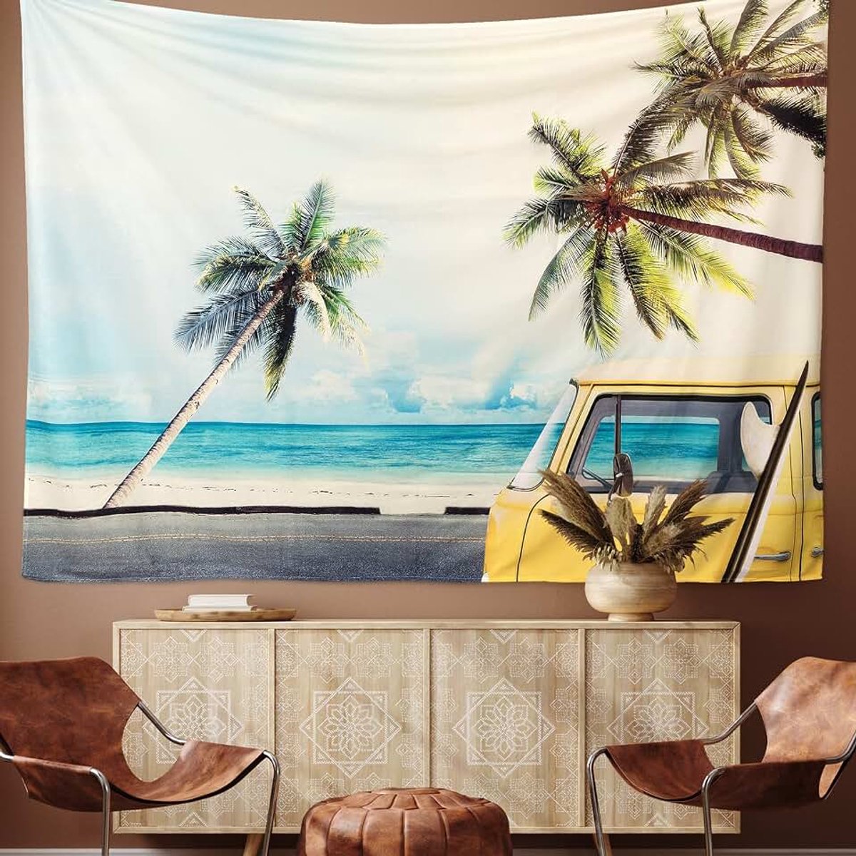 Afmetingen 200 x 150 cm, motief Strandbus, ook geschikt als speelkleed, grote wanddoek voor een geweldige sfeer.