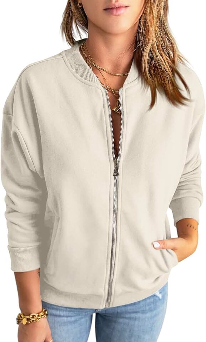 Sweatshirt met rits voor dames, oversized jack, sweatshirt, effen, losse lange mouwen, top, bovenstuk met zak
