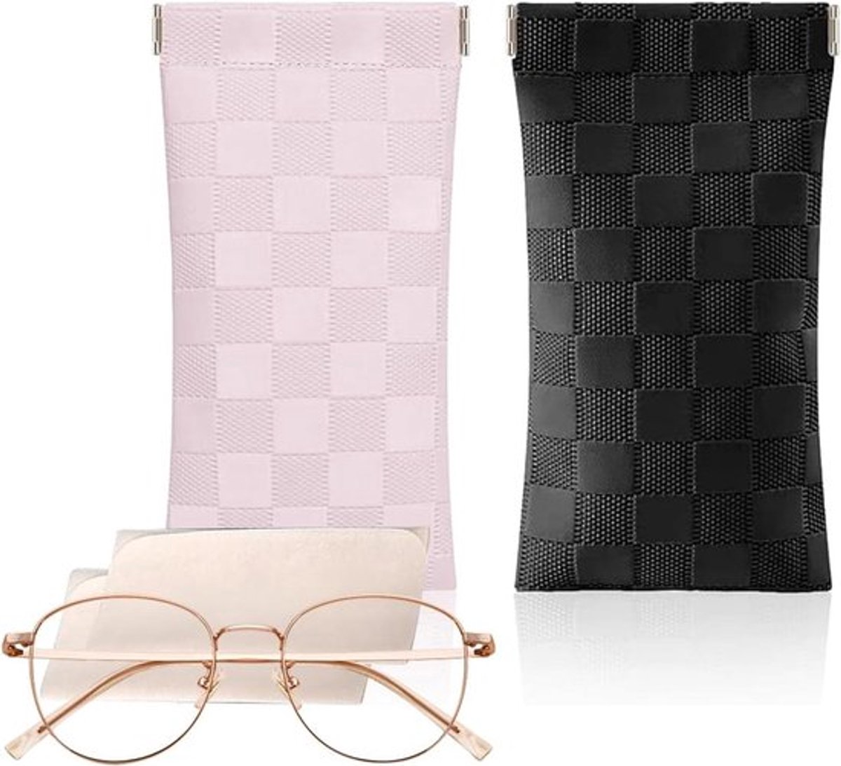 Set van 2 zachte geruite brillenkokers met doekjes en etui (zwart, roze)