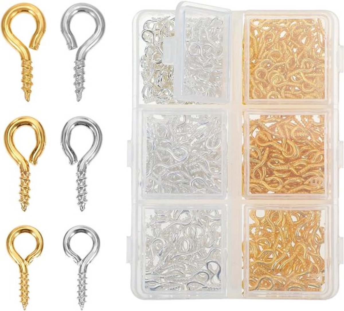 Oogschroeven Set: 400 stuks in 3 maten met opbergdoos - metalen schroefogen, ringbout en haken - voor sieraden, hangers, kralen