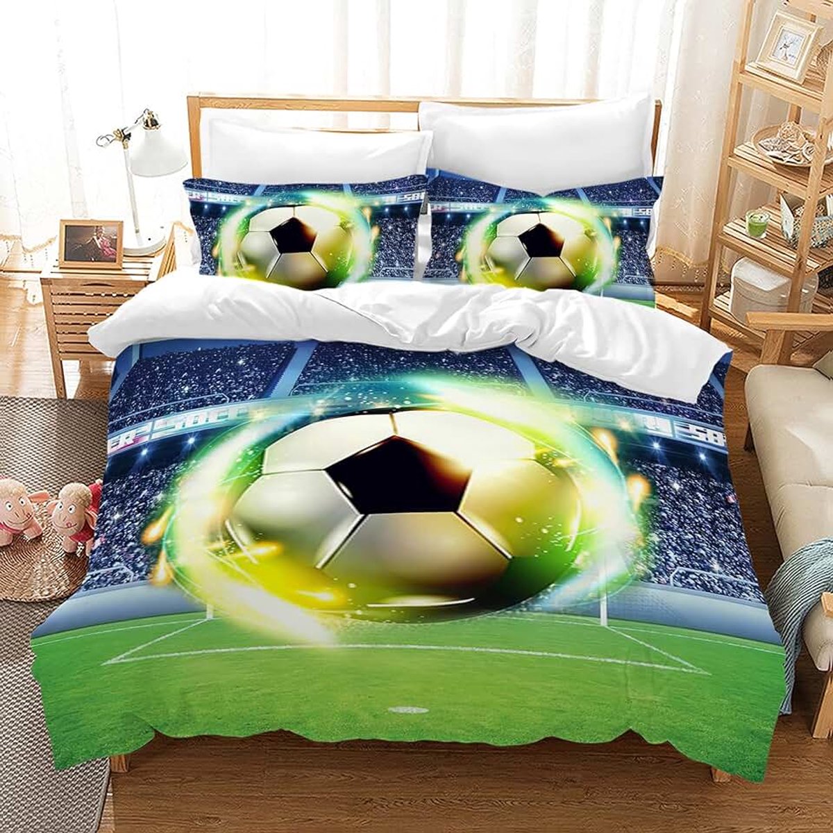135 x 200 cm voor kinderen, 3-delige set voor jongens en tieners, 3D-voetbal bedrukte microvezel dekbedovertrekken met ritssluiting en 2 kussenslopen 50 x 75 cm