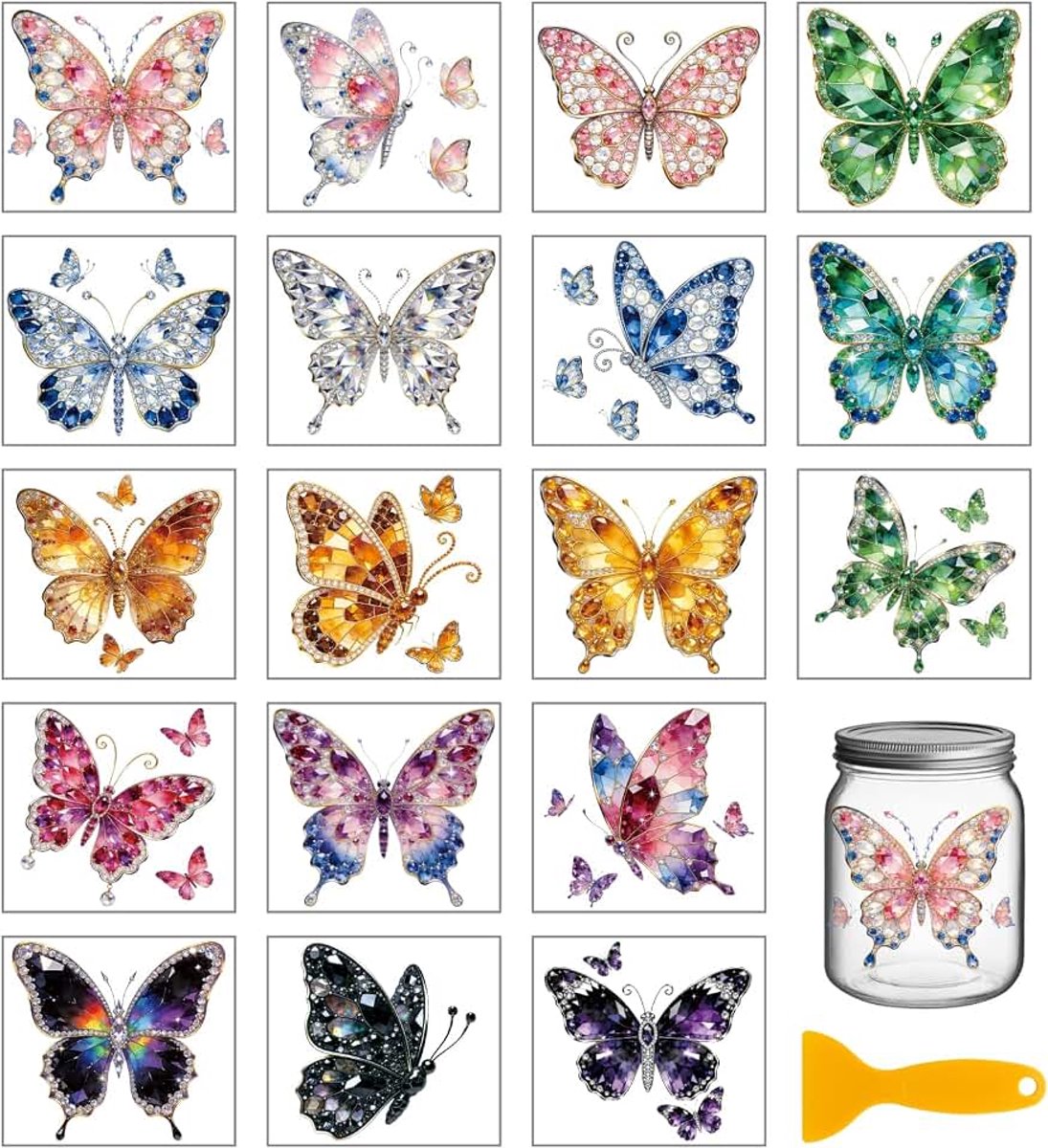 18 vellen diamantvlinder, Rub-on-transferstickers voor knutselen, 9,9 x 9,1 cm, insecten, vlinder, kleurrijke decoraties, transferstickers voor flessen, glas, kopjes, vazen, decoratie