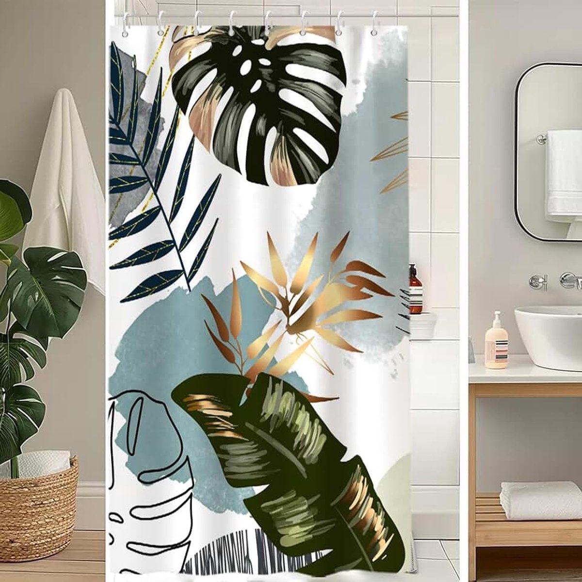 Douchegordijn, 120 x 180 cm, schimmelwerend, boho-stijl, tropisch, groen, palmbladeren, jungle, douchegordijnen, stof, wasbaar, waterdicht, polyester, badgordijn met 8 haken, voor badkamer